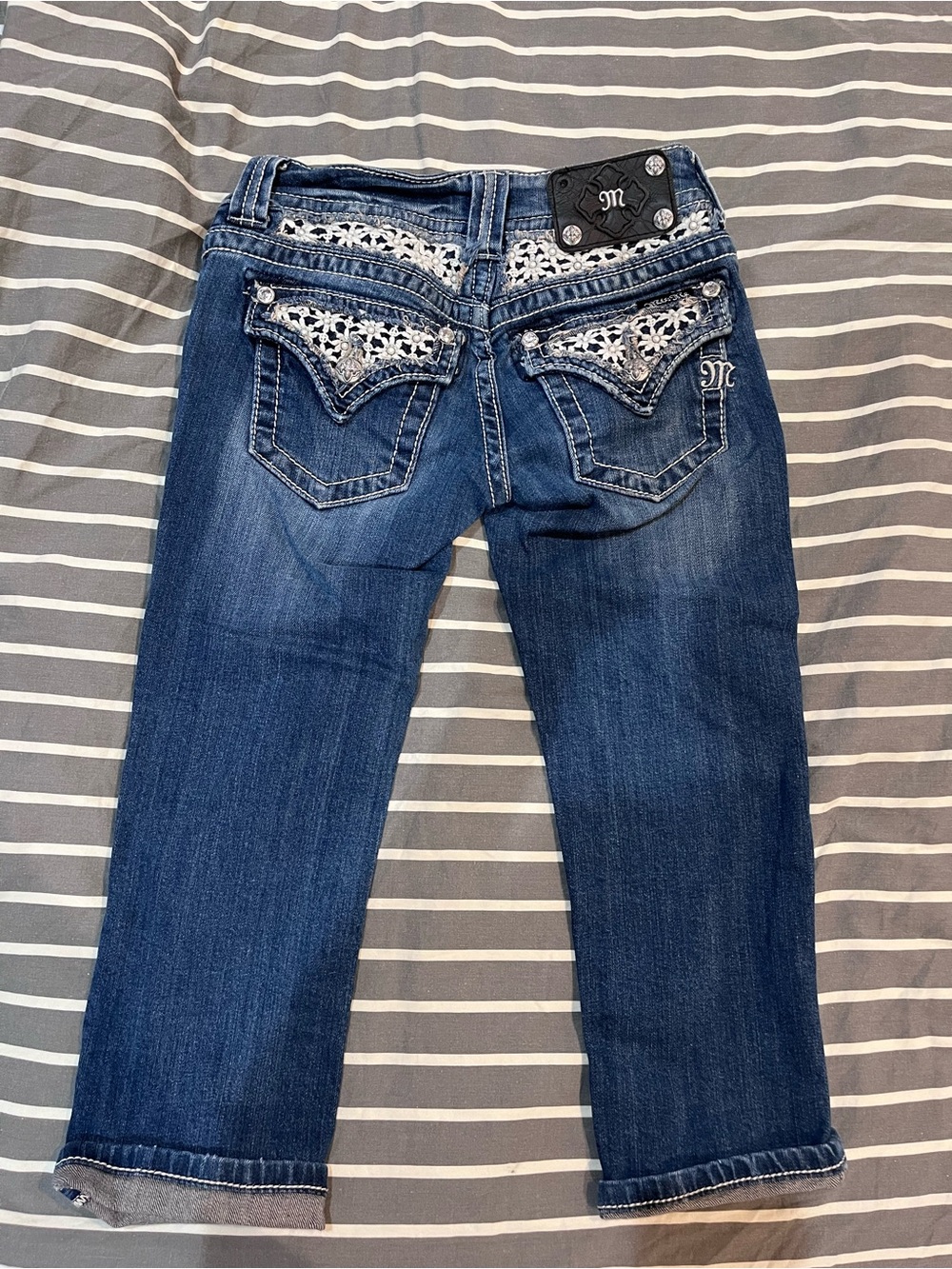 Miss Me Dark Blue Crochet-Trim Boyfriend Jeans